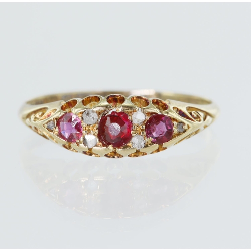 60 - 18ct yellow gold Edwardian ring, set with four rose cut diamonds, two rubies and a central ruby topp... 