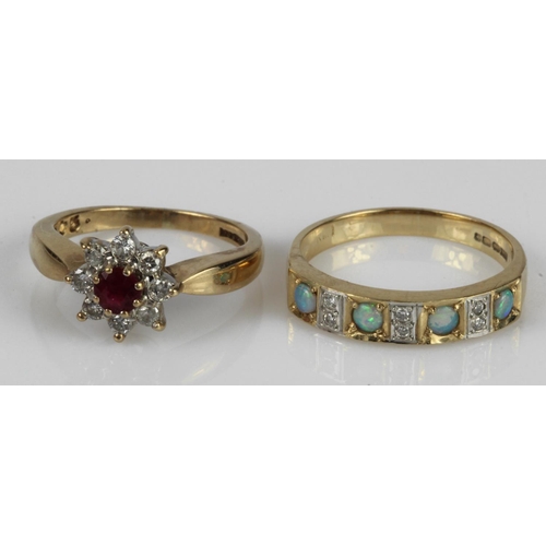 601 - Two 9ct gold rings, stones include diamond, ruby and opal, finger sizes J and O, total weight 5.3g.