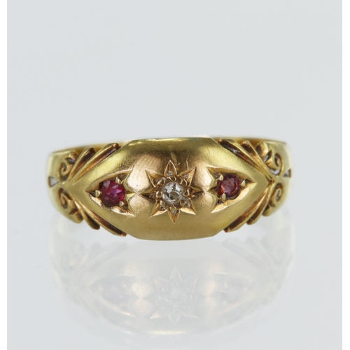 61 - 18ct yellow gold antique diamond and ruby gypsy ring, hallmarked Chester 1901, finger size P/Q, weig... 