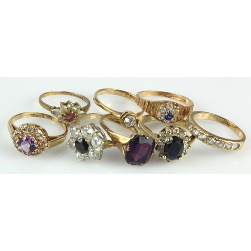 610 - Eight 9ct gold/tests 9ct rings, stones include ruby, sapphire, CZ, paste, finger sizes J/K, L, L/M x... 