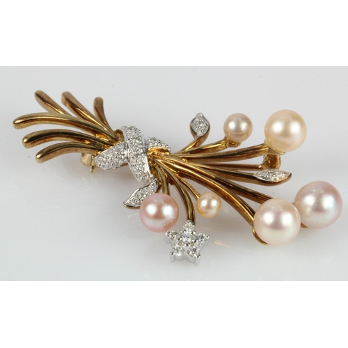 614 - 9ct yellow gold diamond and pearl floral spray brooch, set with six graduating pink cultured pearls,... 