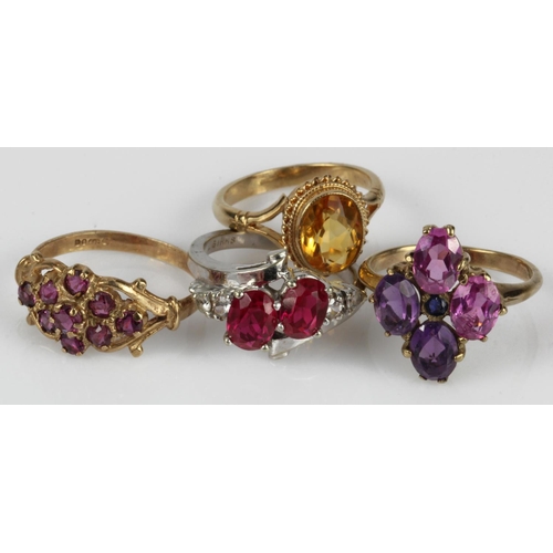 615 - Four 9ct gold/tests 9ct  rings, stones include amethyst, citrine, garnet and paste, finger sizes L x... 