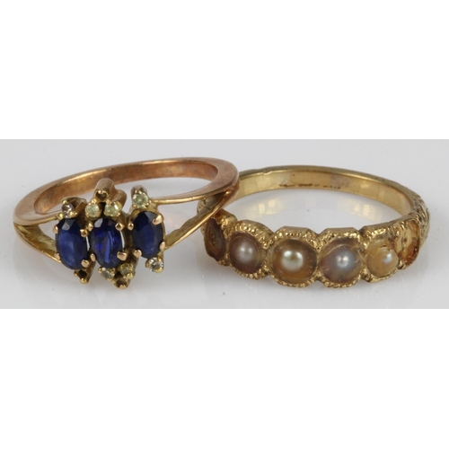 616 - Two yellow gold (tests 15ct) rings, stones include diamond, sapphire and split pearls, finger sizes ... 