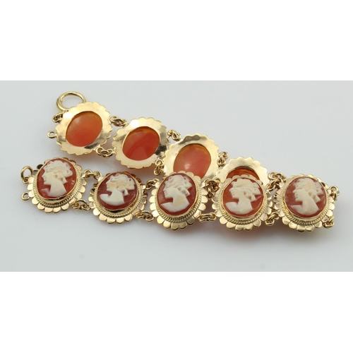 617 - 9ct yellow gold carved shell cameo bracelet, ten linked cameos depicting a lady in profile, with pet... 