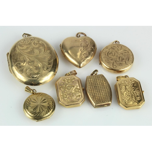 619 - Seven 9ct gold lockets, total weight 28.1g.