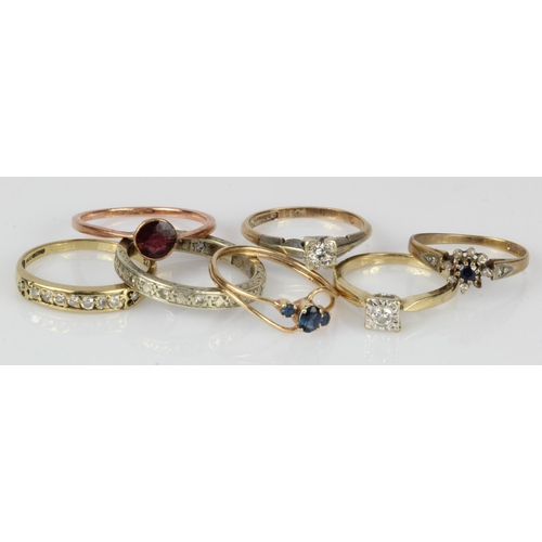 620 - Seven 9ct gold/tests 9ct rings, stones include diamond sapphire, garnet, finger sizes I/J, J/K, Nx2,... 