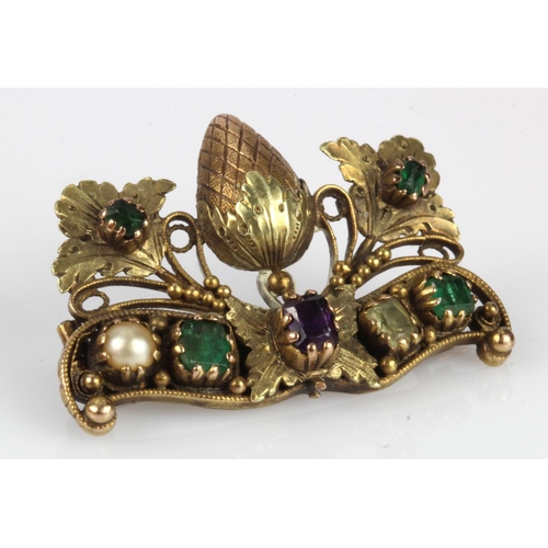 621 - Yellow gold (tests 18ct) Georgian acorn brooch, set with emerald, amethyst, pearl, chrysoberyl, engr... 