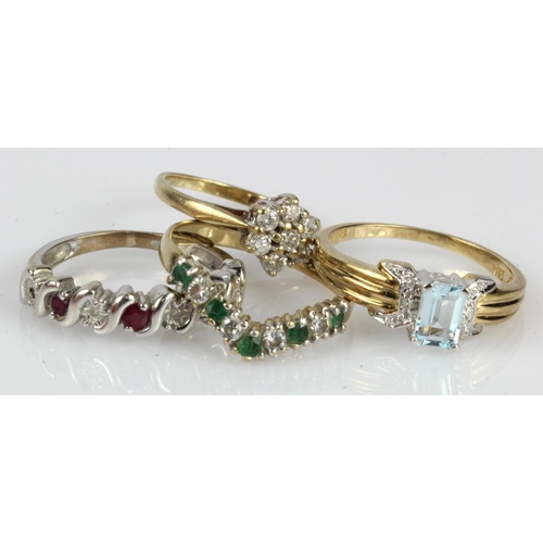 624 - Four 9ct gold/tests 9ct rings, stones include diamond, ruby, emerald and topaz, finger sizes I, M, O... 