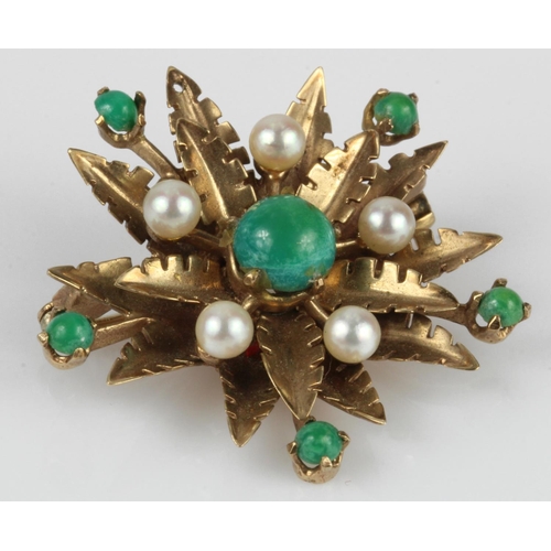 627 - 9ct yellow gold turquoise and pearl brooch, principal turquoise measures 6mm, surrounded by five 3mm... 