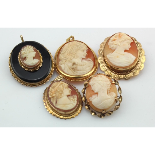 630 - Five 9ct gold cameo pendants/brooches, one set with onyx, total weight 31g.