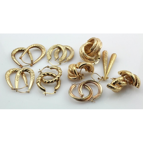 632 - Nine pairs of 9ct gold earrings, total weight 25.9g.