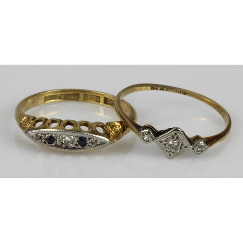 633 - Two yellow gold (tests 18ct) vintage rings, stones include diamond and sapphire, finger sizes L, M/N... 