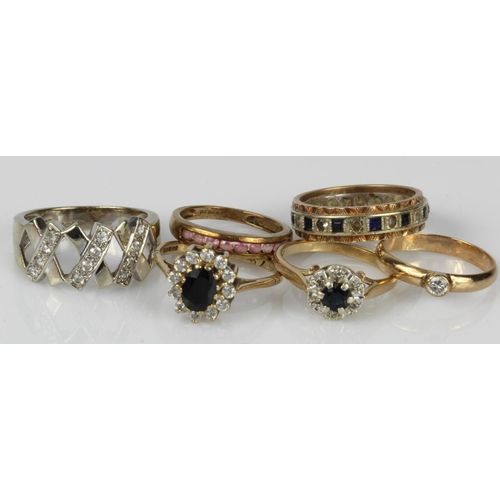 642 - Six 9ct gold rings/tests 9ct rings, stones include diamond, sapphire, CZ/paste, finger sizes J/K, L,... 