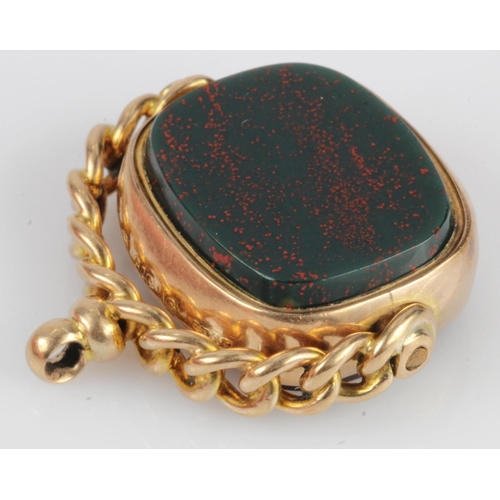 646 - 9ct yellow gold Edwardian pocket watch swivel fob, set with carnelian and bloodstone each measuring ... 