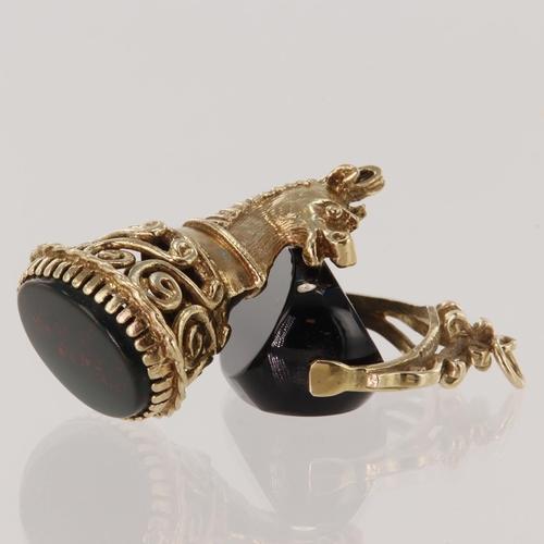 647 - Two 9ct yellow gold fobs, a bloodstone set horse head and a onyx swivel, total weight 14.3g.