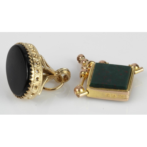 650 - Two 9ct gold pocket watch fobs, stones include onyx, carnelian, bloodstone, total weight 10.3g.