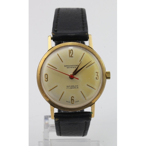 679 - Gents 9ct Gold Bravingtons Incabloc 17 Jewels wristwatch (Wetrista), on a leather strap diameter 32m... 