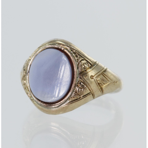 69 - Yellow gold (tests 9ct) antique signet ring, set with sardonyx measuring 11mm x 9mm, engraved should... 