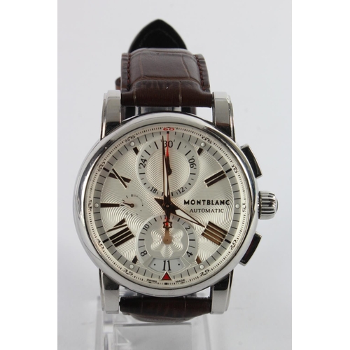 697 - Gents stainless cased Mountblanc automatic chronograph wristwatch. The white dial with two large sub... 