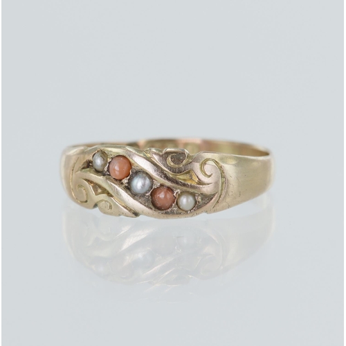 7 - 9ct Victorian coral and pearl ring, set with three seed pearls and two coral cabochons, hallmarked C... 