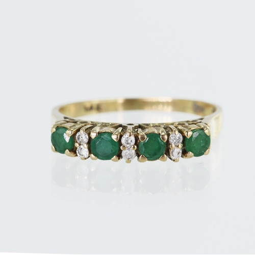 72 - Yellow gold (tests 14ct) diamond and emerald half eternity ring, set with four round approx. 2.8mm e... 