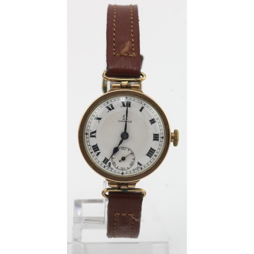 722 - Ladies 9ct cased Omega wristwatch. Hallmarked Birmingham 1926. The white dial with bold black roman ... 