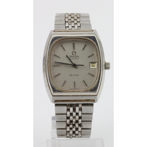 723 - Gents stainless steel cased Omega DeVille quartz wristwatch, circa 1977. The silver rectangular dial... 