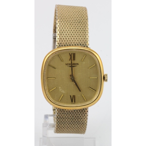 728 - Gents gold plated Longines manual wind wristwatch. The gilt dial with gilt baton markers with roman ... 