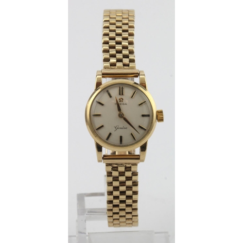 740 - Ladies 9ct cased Omega Geneve manual wind wristwatch. Circa 1961. On a 9ct bracelet, total weight 29... 