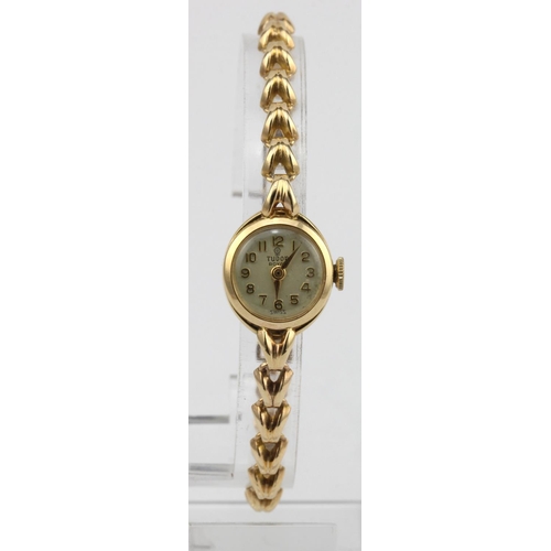 742 - Ladies 9ct cased Tudor Royal (Rolex) manual wind wristwatch. Hallmarked Chester 1960. On a 9ct brace... 