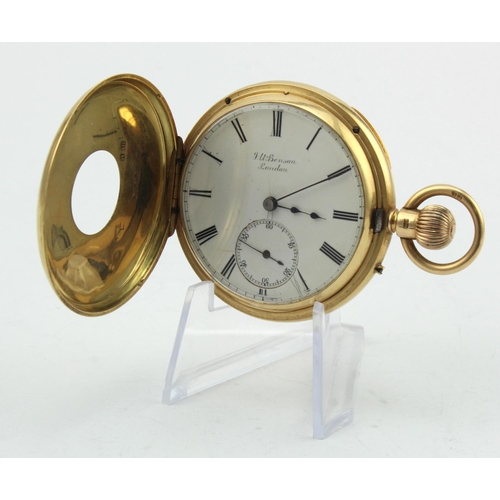 750 - Gents 18ct cased half hunter pocket watch by Benson. Hallmarked London 1892. The white dial with bla... 