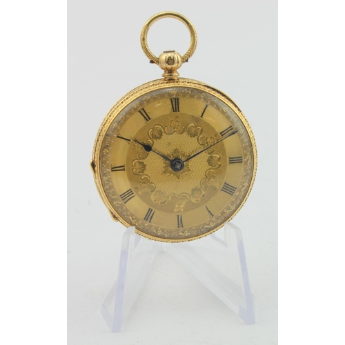 751 - Mid-size 18ct open face pocket watch. Hallmarked Chester 1864.the gilt dial with black roman numeral... 