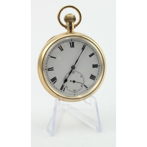 752 - Gents 9ct cased open face pocket watch, hallmarked London 1933. The white dial with black roman nume... 