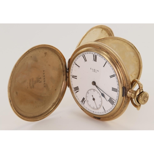 756 - Yellow metal Elgin full hunter pocket watch with white dial and black Roman numerals and hands, with... 