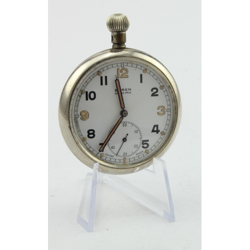 757 - Military issue Buren Grand Prix pocket watch (missing top loop). Stamped on he back 