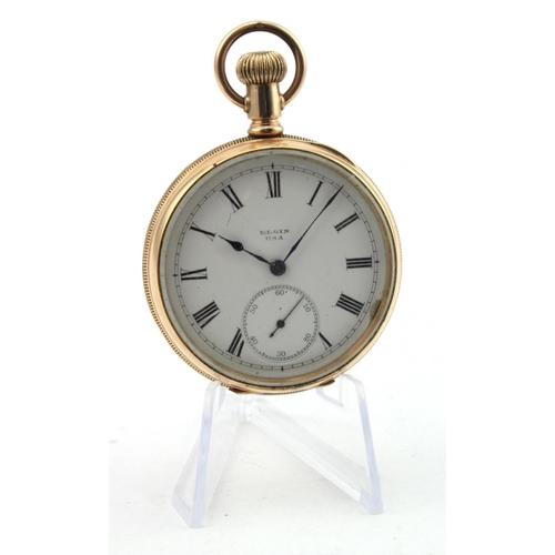 761 - Gents gold plated open face pocket watch by Elgin, circa 1899. The white dial with black roman numer... 