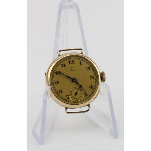 765 - Ladies 14ct cased Omega wristwatch. Circa mid 1920s. The gilt dial with black Arabic numerals and su... 