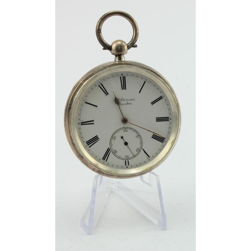 766 - Gents silver cased open face pocket watch by Benson, hallmarked London 1893. The white dial with bla... 