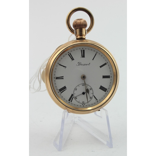 769 - Gold plated open face pocket watch, white enamel dial marked 'Prescot', with Roman numerals and subs... 