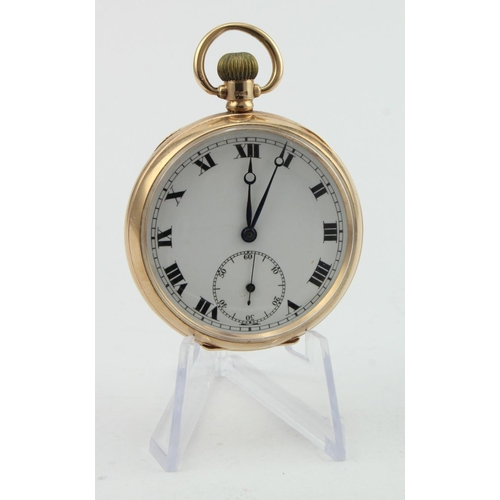 773 - Gents 9ct cased open face pocket watch, hallmarked Birmingham 1923. The white dial with bold black r... 