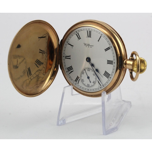 779 - Gents 9ct full hunter pocket watch by Waltham. Hallmarked Birmingham 1915. The white dial with black... 