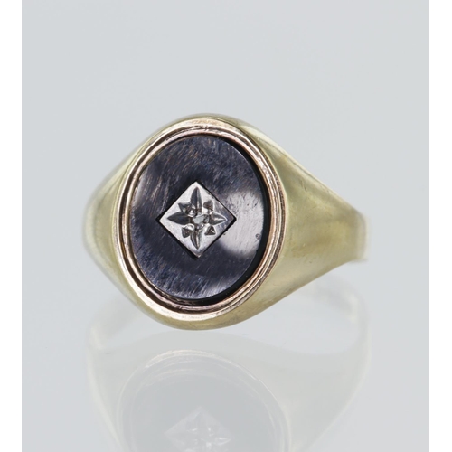 78 - 9ct yellow gold onyx and diamond signet ring, onyx measures 11.5mm x 9mm with star set rose cut diam... 