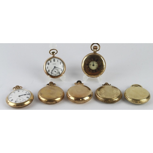 786 - Seven gold plated gents pockets watches. AF but three are working