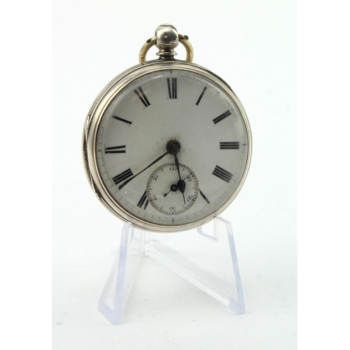 787 - Gents silver cased open face pocket watch, hallmarked London 1890. The white dial with black roman n... 