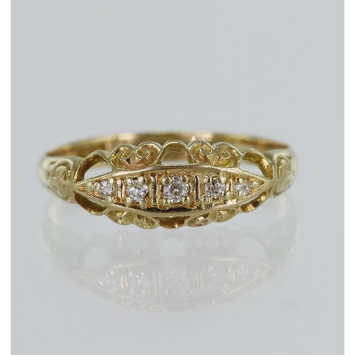 79 - 18ct yellow gold antique diamond ring, set with five graduating old cut diamonds TDW approx. 0.05ct,... 