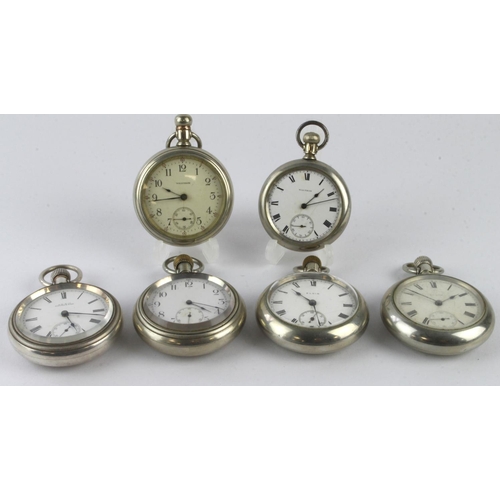 790 - Six base metal top wind gents pocket watches, makes include Waltham & Elgin. The majority working wi... 