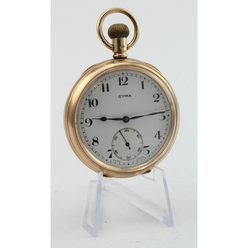 792 - Gents 9ct cased open face pocket watch by Cyma, hallmarked Birmingham 1905. The white dial with blac... 