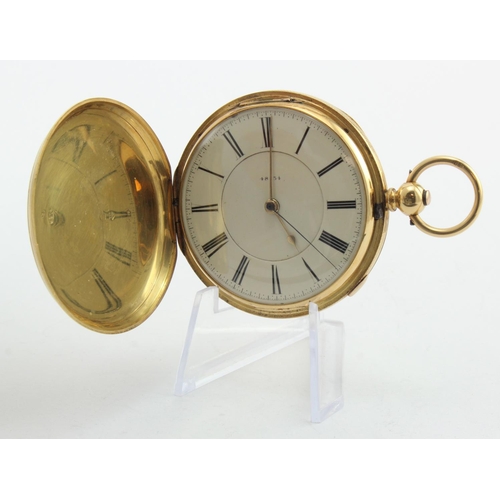 795 - Gents 18ct cased full hunter pocket watch. Hallmarked Chester 1870. The cream dial with black roman ... 