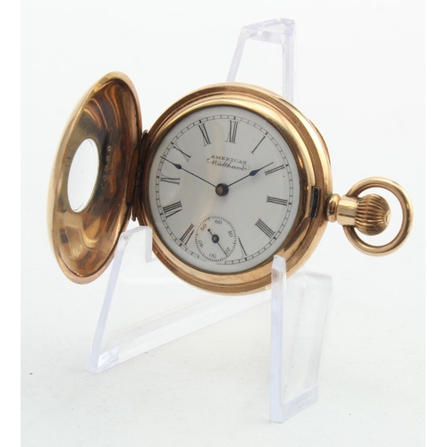 799 - Ladies 10ct gold plated half hunter pocket watch by Waltham circa 1895. The signed white dial with b... 