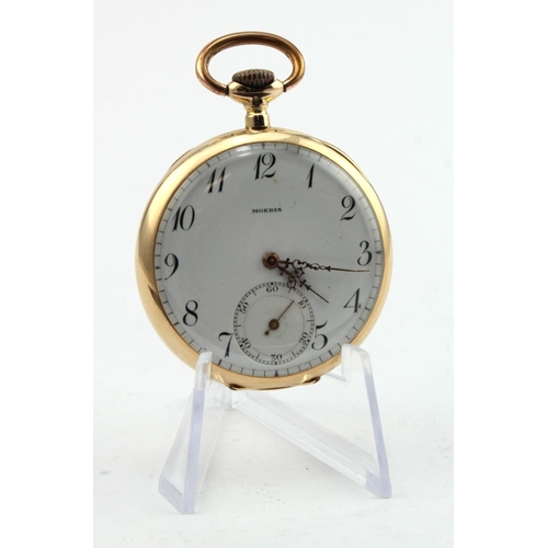 800 - Gents 14ct cased open face pocket watch by Moeris. The white dial with black Arabic numerals and sub... 